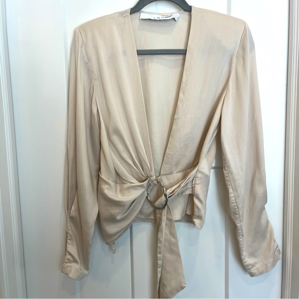 IRO Shirt Women’s Sz 34 Champagne Hazal Wrap Top Plunging Office Neutral Lyocell